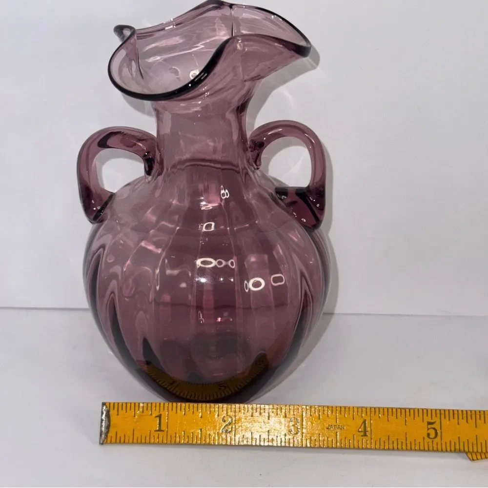 purple amethyst Glass Vase Crimped Edges Double Handles 6 inches Tall